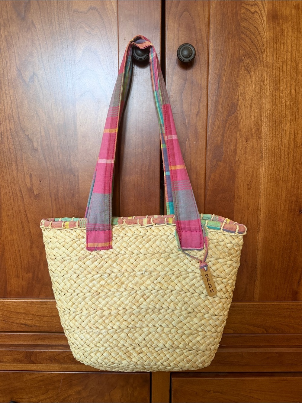 Vintage Ralph Lauren straw tote with pink plaid handles and lining